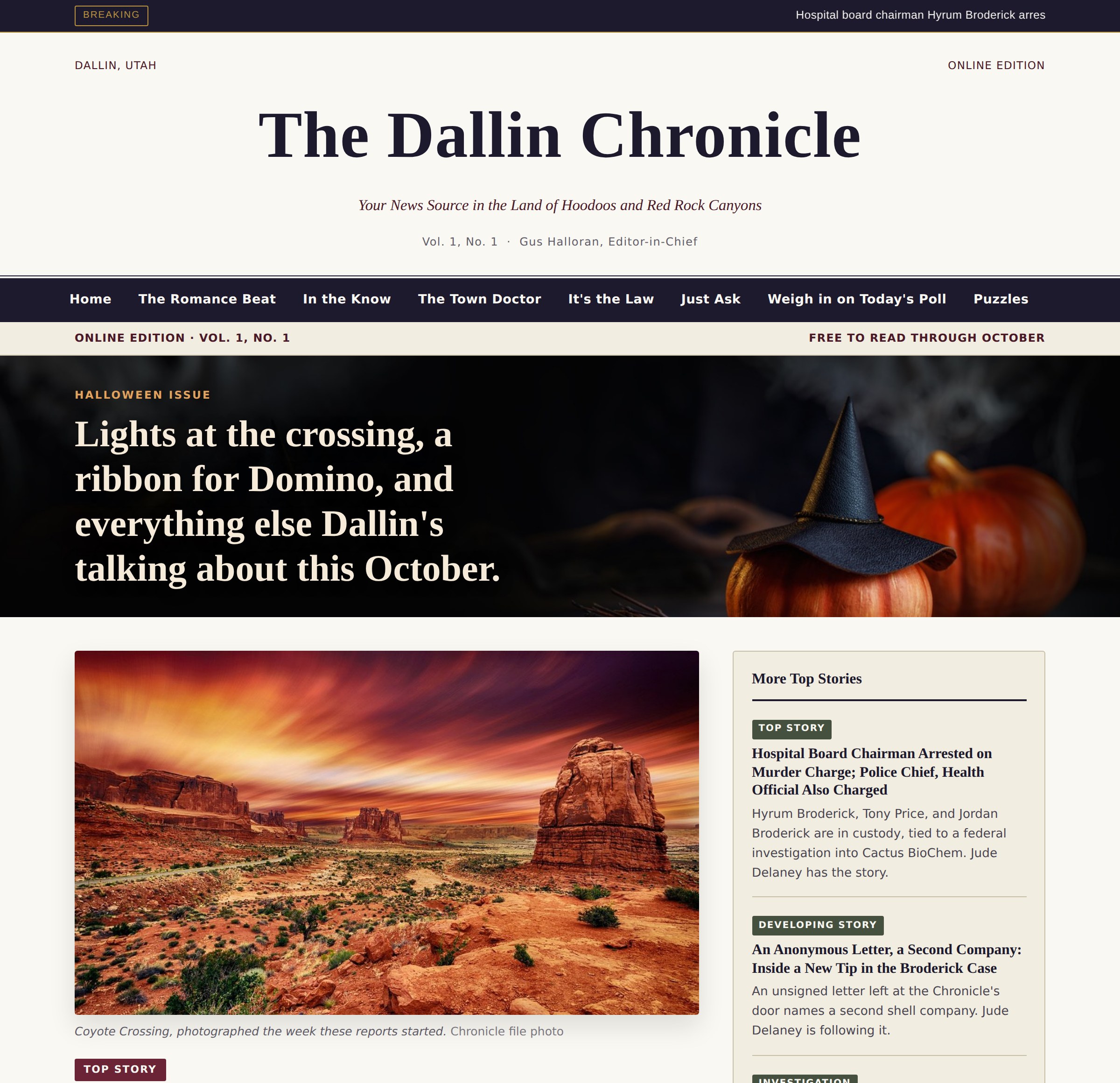 A preview of the front page of The Dallin Chronicle, showing the masthead and the Halloween issue's lead story.