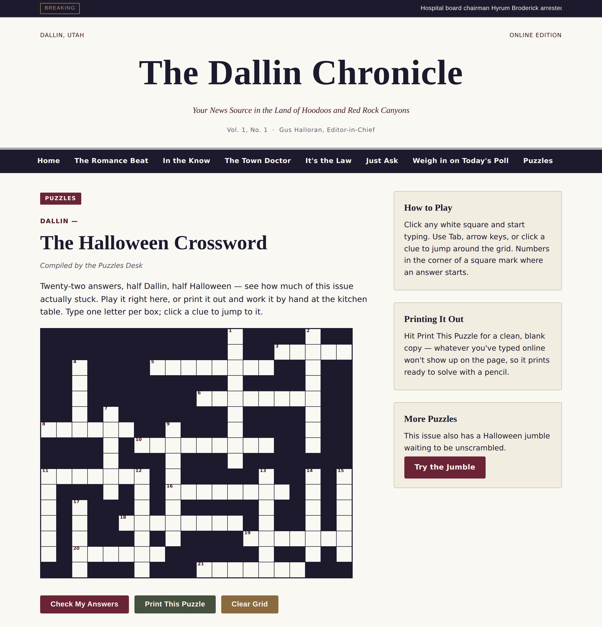 A preview of the Chronicle's Halloween crossword puzzle, blending Dallin trivia with Halloween clues.